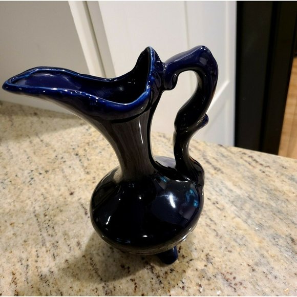 Cobalt Blue Ceramic Gold Trimmed Pitcher Peacock Design 7.5" Tall - Picture 3 of 12